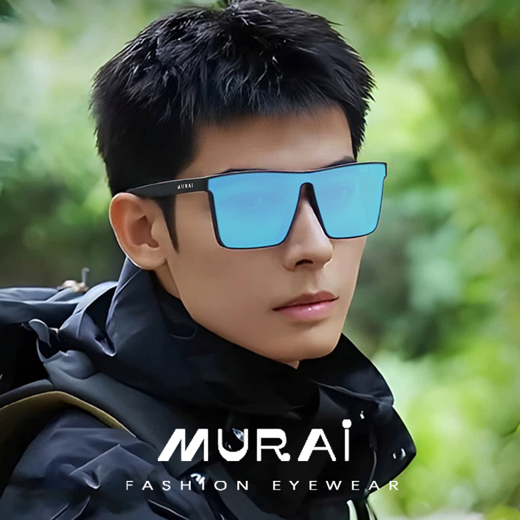 MURAI Merek Jepang Kacamata Hitam Rectangular Polarized SQUARE FRAME Sunglasses Unisex Retro Pilot Shades Driving Protection RC009A - 3 Light blue