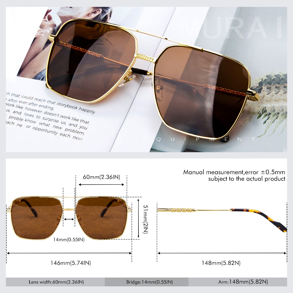 MURAI Merek Jepang Kacamata Hitam Aviator Sunglasses Unisex Polarized Driving Classic Shades - Protection with Accessories MR7601 - 3 Gold - Brown lenses