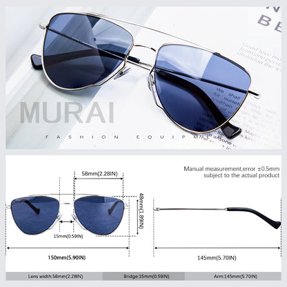 MURAI Merek Jepang Kacamata Hitam Wanita Terbaru – Fashion Mewah Aviation HD Polarized Anti Silau Cahaya Matahar Polarized Anti Silau Fashion Wanita Unisex MR7607 - 4 Silver - Blue lenses