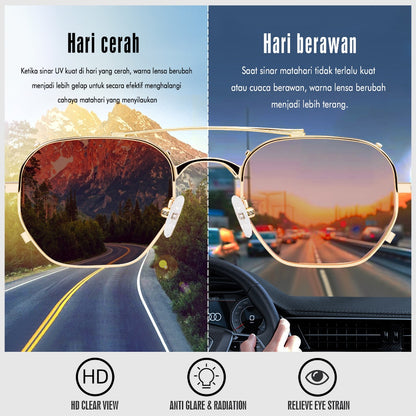 MURAI Merek Jepang Kacamata Hitam Sunglasses Wanita Terbaru Kacamata Ringan Nyaman Seharian Photochromic sunglasses Polarized Anti Silau Fashion Pria Wanita Unisex Metal frame Terbaru – Fashion Mewah 2287 - 3 Pink（ photochromic）