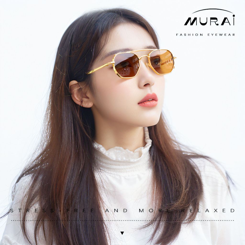 MURAI Merek Jepang Kacamata Hitam Sunglasses Wanita Terbaru Kacamata Ringan Nyaman Seharian Photochromic sunglasses Polarized Anti Silau Fashion Pria Wanita Unisex Metal frame Terbaru – Fashion Mewah 2287 - 4 Yellow photochromic