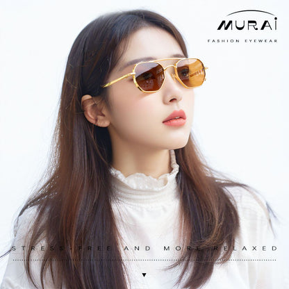 MURAI Merek Jepang Kacamata Hitam Sunglasses Wanita Terbaru Kacamata Ringan Nyaman Seharian Photochromic sunglasses Polarized Anti Silau Fashion Pria Wanita Unisex Metal frame Terbaru – Fashion Mewah 2287 - 4 Yellow photochromic