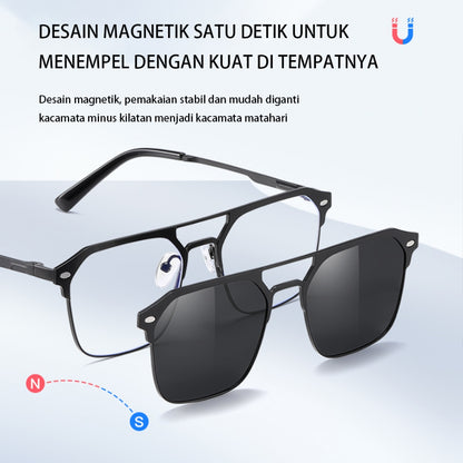 MURAI Merek Jepang Antiradiasi Blueray Free 2 Clip on Polarized Kotak Pria Frame Kacamata Bisa Minus 7041 - 2 Gun color