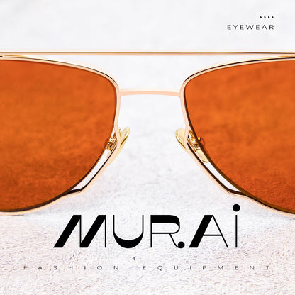 MURAI Merek Jepang Kacamata Hitam Wanita Terbaru – Fashion Mewah Aviation HD Polarized Anti Silau Cahaya Matahar Polarized Anti Silau Fashion Wanita Unisex MR7607 - 1 Gold - Orange lenses