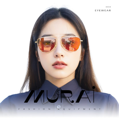 MURAI Merek Jepang Kacamata Hitam Wanita Terbaru – Fashion Mewah Aviation HD Polarized Anti Silau Cahaya Matahar Polarized Anti Silau Fashion Wanita Unisex MR7607 - 1 Gold - Orange lenses