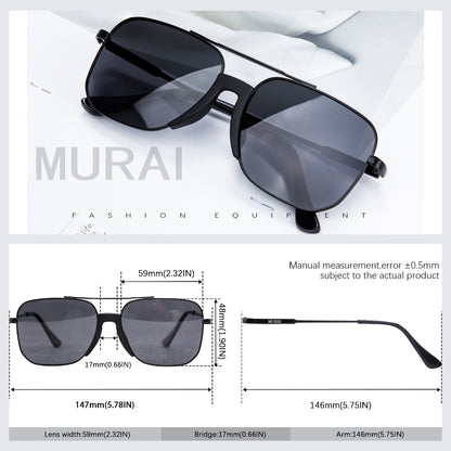 MURAI Merek Jepang Kacamata Hitam Rectangular Polarized Aviator Sunglasses Unisex Retro Pilot Shades Driving Protection 3177 - 1 Black