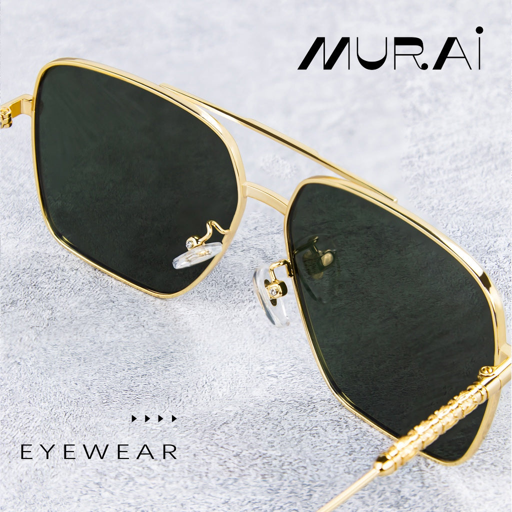 MURAI Merek Jepang Kacamata Hitam Aviator Sunglasses Unisex Polarized Driving Classic Shades - Protection with Accessories MR7601 - 2 Gold - green lenses