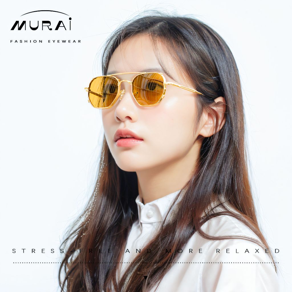 MURAI Merek Jepang Kacamata Hitam Sunglasses Wanita Terbaru Kacamata Ringan Nyaman Seharian Photochromic sunglasses Polarized Anti Silau Fashion Pria Wanita Unisex Metal frame Terbaru – Fashion Mewah 2287 - 4 Yellow photochromic