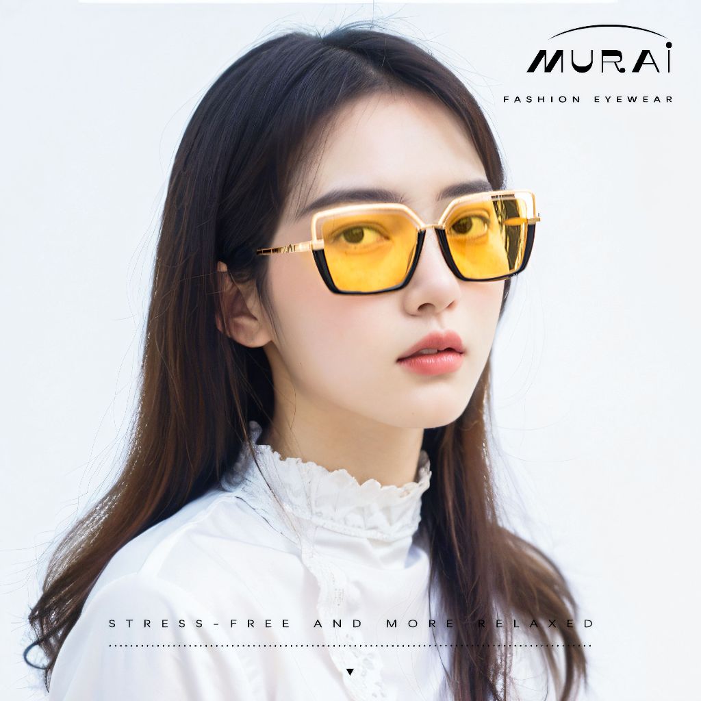 MURAI Kacamata Hitam Rectangular Polarized Aviator Sunglasses Unisex Retro Pilot Shades Driving Protection kacamata yang pakai di malam MR7604 - 3 Yellow(night Vision)