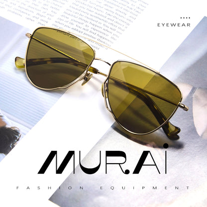 MURAI Merek Jepang Kacamata Hitam Wanita Terbaru – Fashion Mewah Aviation HD Polarized Anti Silau Cahaya Matahar Polarized Anti Silau Fashion Wanita Unisex MR7607 - 2 Gold - Brown lenses