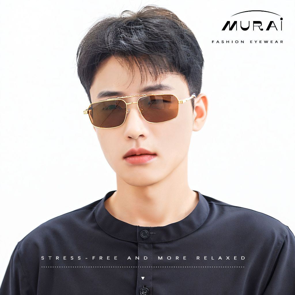 MURAI Merek Jepang Kacamata Hitam Polarized Anti Silau Fashion Pria Wanita Unisex SQUARE FRAME Kacamata Hitam Pria Wanita Terbaru – Fashion Mewah MR7605 - 3 Gold