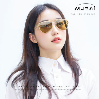 MURAI Merek Jepang Kacamata Hitam Wanita Terbaru – Fashion Mewah Aviation HD Polarized Anti Silau Cahaya Matahar Polarized Anti Silau Fashion Wanita Unisex MR7607 - 2 Gold - Brown lenses