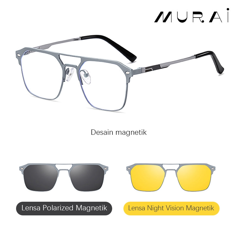 MURAI Merek Jepang Antiradiasi Blueray Free 2 Clip on Polarized Kotak Pria Frame Kacamata Bisa Minus 7041 - 2 Gun color