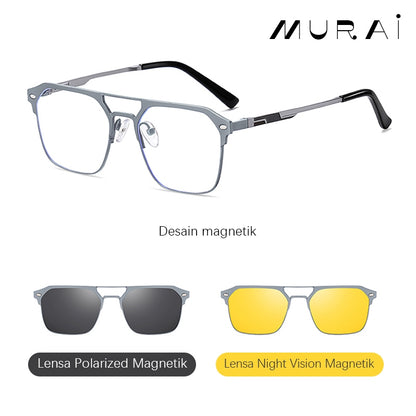 MURAI Merek Jepang Antiradiasi Blueray Free 2 Clip on Polarized Kotak Pria Frame Kacamata Bisa Minus 7041 - 2 Gun color