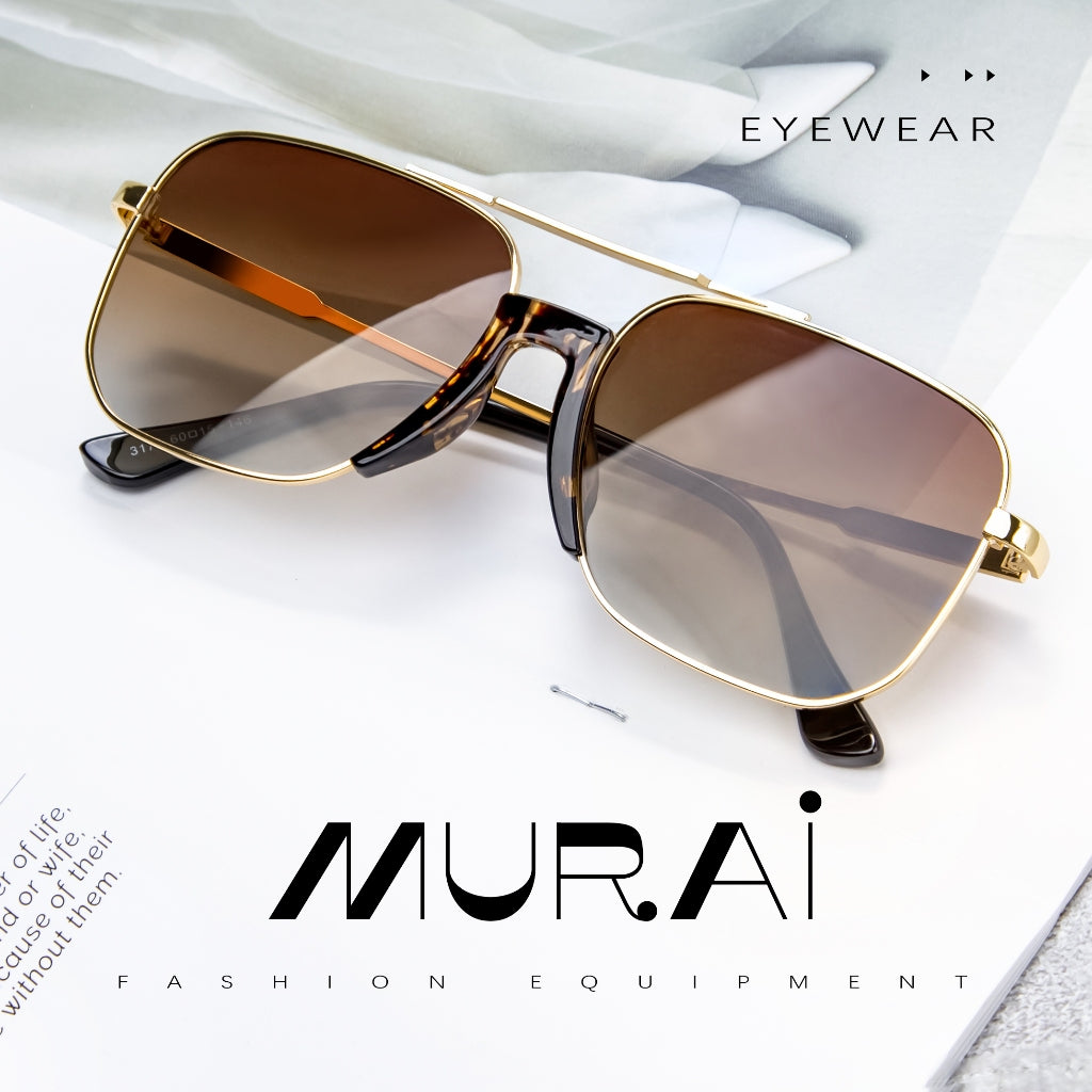 MURAI Merek Jepang Kacamata Hitam Rectangular Polarized Aviator Sunglasses Unisex Retro Pilot Shades Driving Protection 3177 - 2 Gold