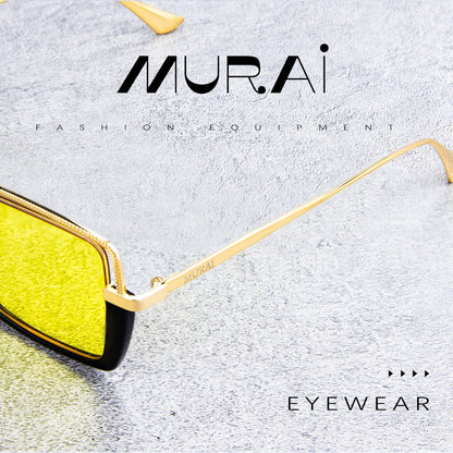 MURAI Kacamata Hitam Rectangular Polarized Aviator Sunglasses Unisex Retro Pilot Shades Driving Protection kacamata yang pakai di malam MR7604 - 3 Yellow(night Vision)