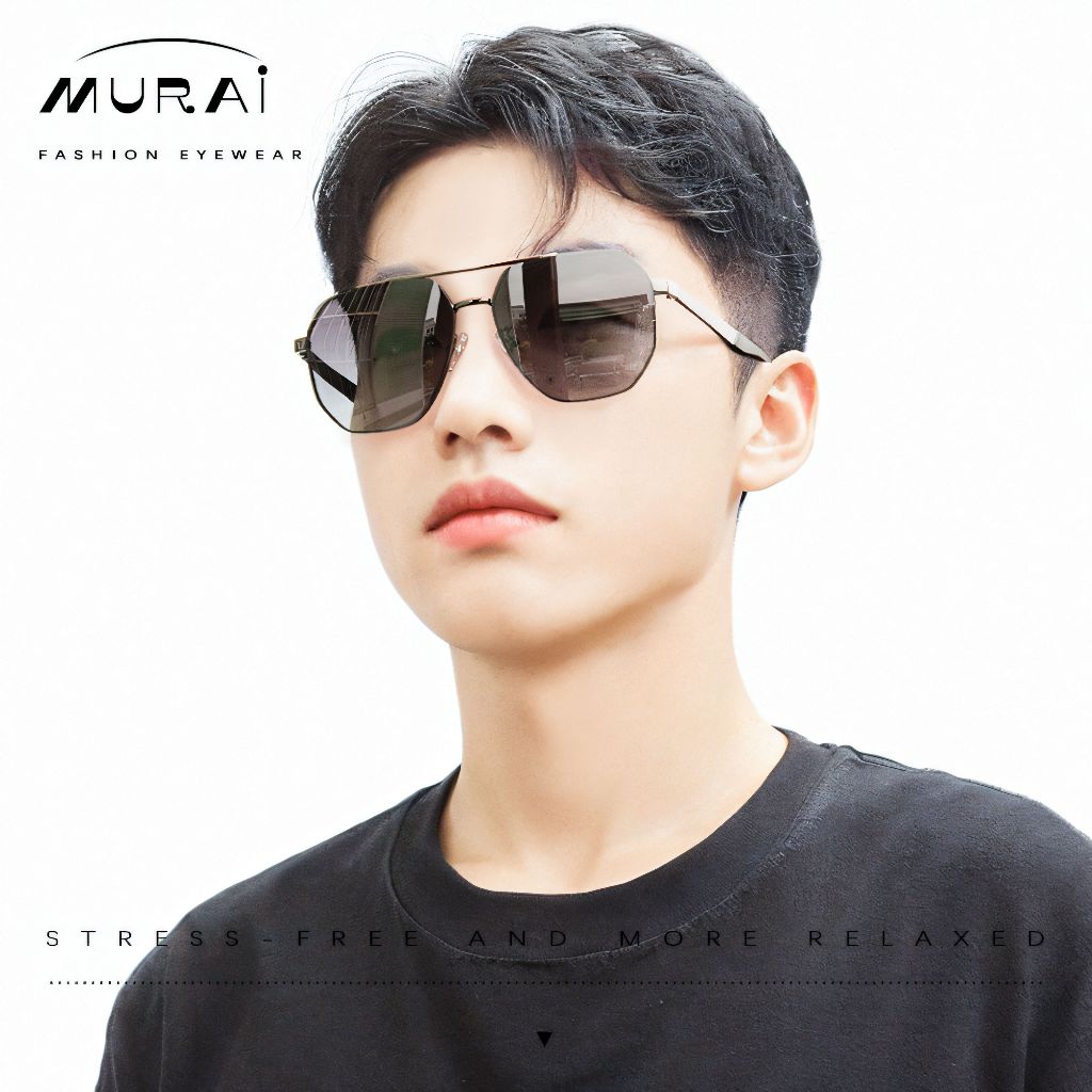 MURAI Merek Jepang Kacamata Hitam Sunglasses Pria Wanita Aviation HD Polarized Anti Silau Cahaya Matahari Black square sunglasses anti radiasi high quality materia Terbaru – Fashion Mewah 2507 - M03 Black（Blue gradient lenses）