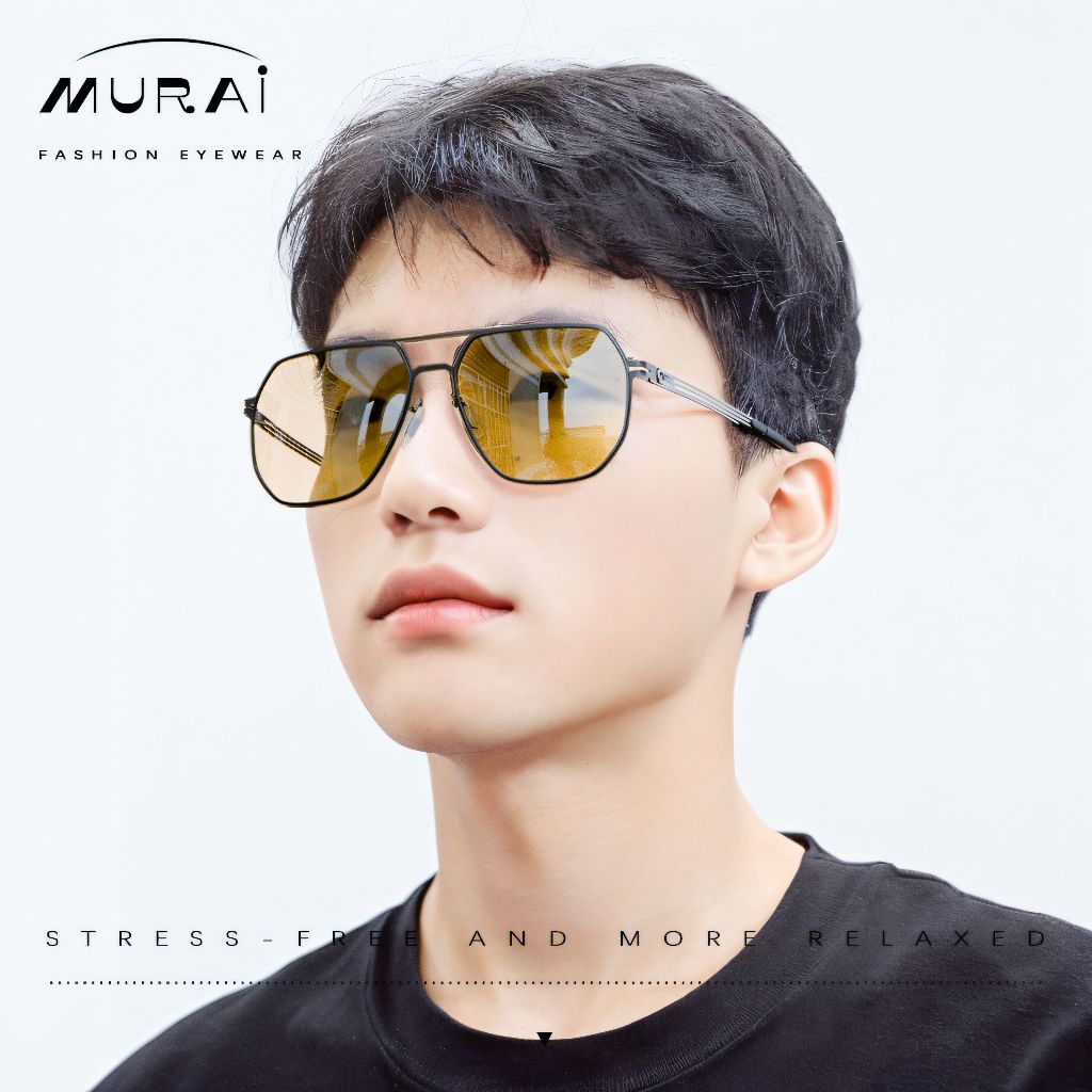 MURAI Merek Jepang Kacamata Hitam Sunglasses Yellow（night Visio）kacamata yang pakai di malam Polarized Anti Silau Fashion Pria Wanita Unisex Square black frame Terbaru – Fashion Mewah 5007 - M03 Yellow