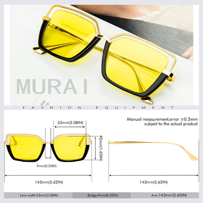 MURAI Kacamata Hitam Rectangular Polarized Aviator Sunglasses Unisex Retro Pilot Shades Driving Protection kacamata yang pakai di malam MR7604 - 3 Yellow(night Vision)