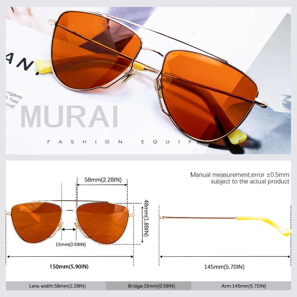 MURAI Merek Jepang Kacamata Hitam Wanita Terbaru – Fashion Mewah Aviation HD Polarized Anti Silau Cahaya Matahar Polarized Anti Silau Fashion Wanita Unisex MR7607 - 1 Gold - Orange lenses