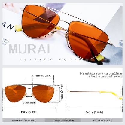 MURAI Merek Jepang Kacamata Hitam Wanita Terbaru – Fashion Mewah Aviation HD Polarized Anti Silau Cahaya Matahar Polarized Anti Silau Fashion Wanita Unisex MR7607 - 1 Gold - Orange lenses