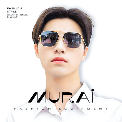 MURAI Merek Jepang Kacamata Hitam Aviator Sunglasses Unisex Polarized Driving Classic Shades - Protection with Accessories MR7601 - 4 Gold - Blue lenses