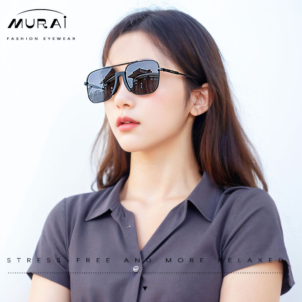MURAI Merek Jepang Kacamata Hitam Rectangular Polarized Aviator Sunglasses Unisex Retro Pilot Shades Driving Protection 3177 - 1 Black