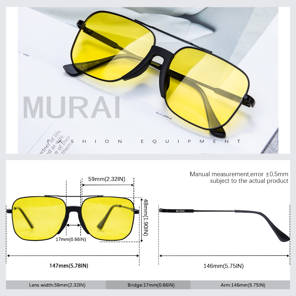 MURAI Merek Jepang Kacamata Hitam Rectangular Polarized Aviator Sunglasses Unisex Retro Pilot Shades Driving Protection Yellow (night Vision) kacamata yang pakai di malam MR3177 - 3