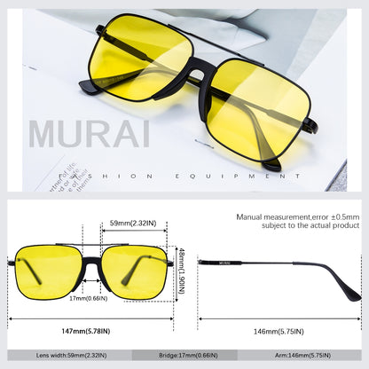 MURAI Merek Jepang Kacamata Hitam Rectangular Polarized Aviator Sunglasses Unisex Retro Pilot Shades Driving Protection Yellow (night Vision) kacamata yang pakai di malam MR3177 - 3