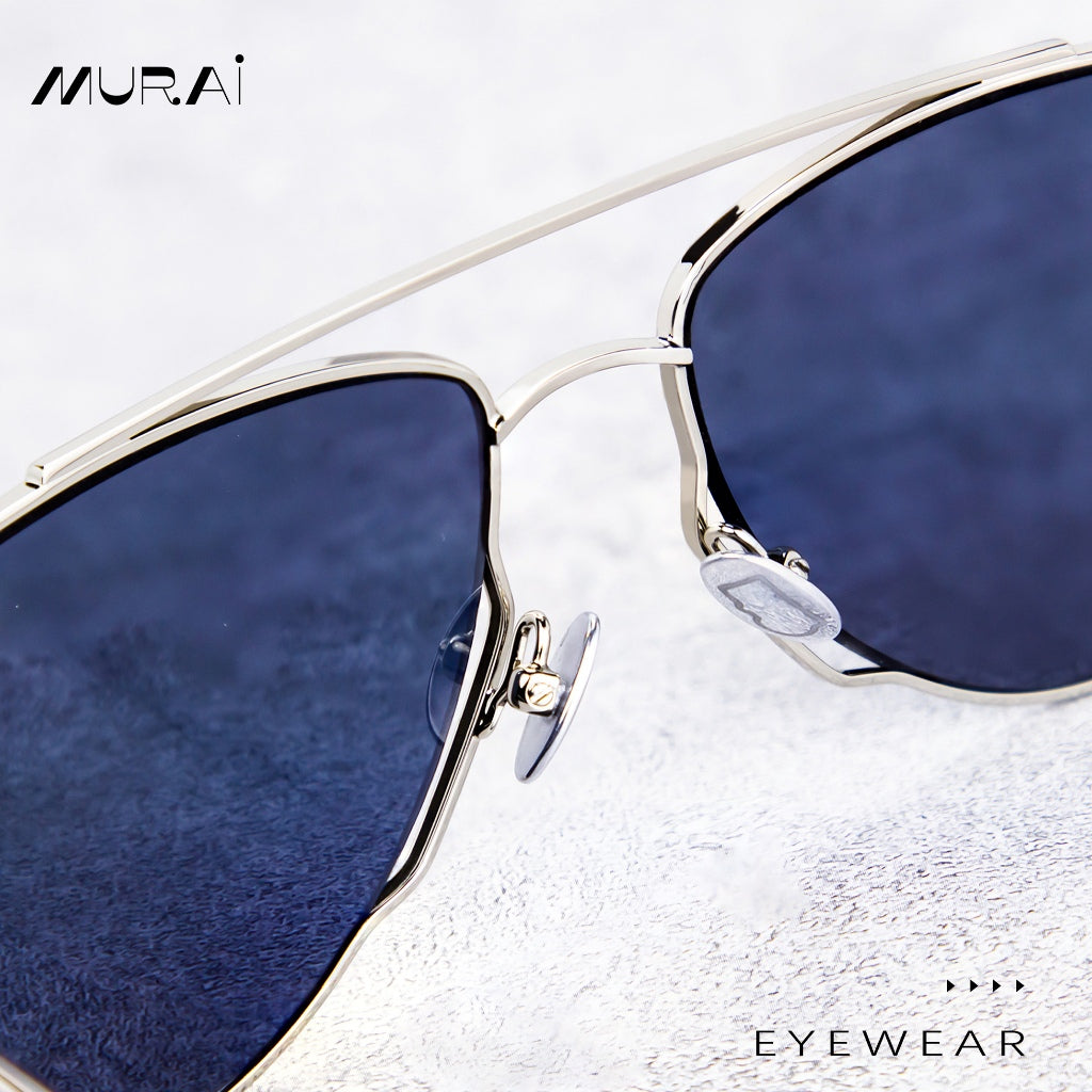MURAI Merek Jepang Kacamata Hitam Wanita Terbaru – Fashion Mewah Aviation HD Polarized Anti Silau Cahaya Matahar Polarized Anti Silau Fashion Wanita Unisex MR7607 - 4 Silver - Blue lenses