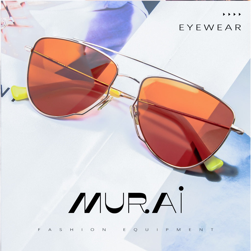 MURAI Merek Jepang Kacamata Hitam Wanita Terbaru – Fashion Mewah Aviation HD Polarized Anti Silau Cahaya Matahar Polarized Anti Silau Fashion Wanita Unisex MR7607 - 1 Gold - Orange lenses