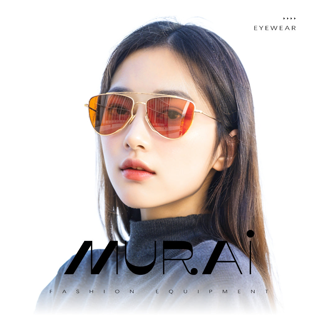MURAI Merek Jepang Kacamata Hitam Wanita Terbaru – Fashion Mewah Aviation HD Polarized Anti Silau Cahaya Matahar Polarized Anti Silau Fashion Wanita Unisex MR7607 - 1 Gold - Orange lenses