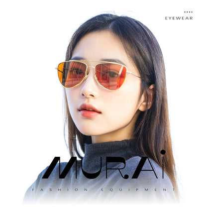 MURAI Merek Jepang Kacamata Hitam Wanita Terbaru – Fashion Mewah Aviation HD Polarized Anti Silau Cahaya Matahar Polarized Anti Silau Fashion Wanita Unisex MR7607 - 1 Gold - Orange lenses