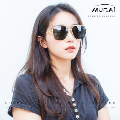 MURAI Merek Jepang Kacamata Hitam Aviator Sunglasses Unisex Polarized Driving Classic Shades - Protection with Accessories MR7601 - 2 Gold - green lenses