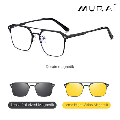 MURAI Merek Jepang Antiradiasi Blueray Free 2 Clip on Polarized Kotak Pria Frame Kacamata Bisa Minus 7041 - 2 Gun color