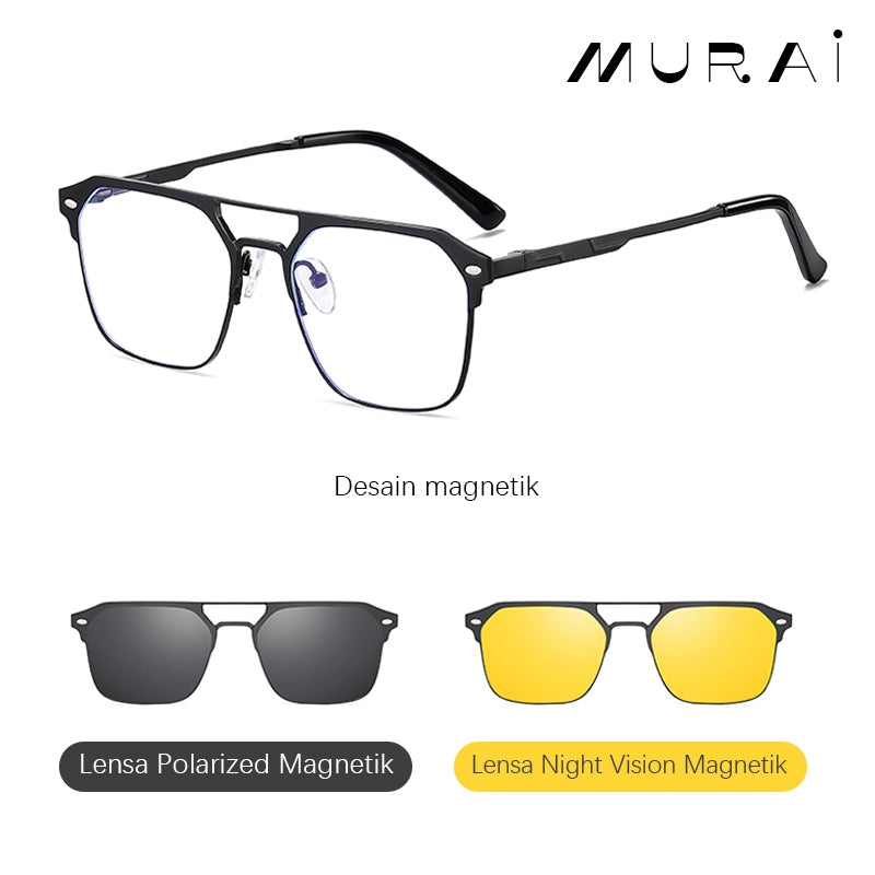 MURAI Merek Jepang Antiradiasi Blueray Free 2 Clip on Polarized Kotak Pria Frame Kacamata Bisa Minus 7041 - 3 Gold colour