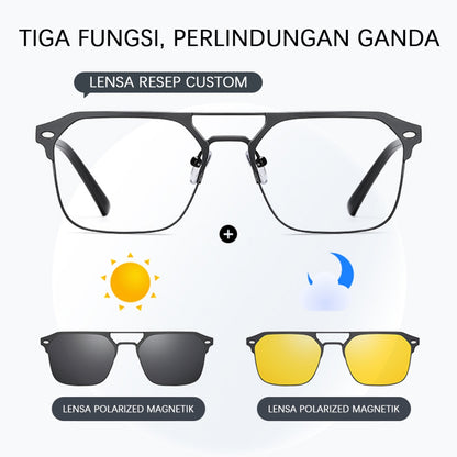 MURAI Merek Jepang Antiradiasi Blueray Free 2 Clip on Polarized Kotak Pria Frame Kacamata Bisa Minus 7041 - 2 Gun color