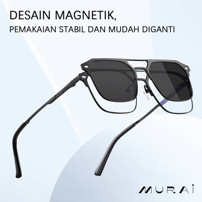 MURAI Merek Jepang Antiradiasi Blueray Free 2 Clip on Polarized Kotak Pria Frame Kacamata Bisa Minus 7041 - 2 Gun color