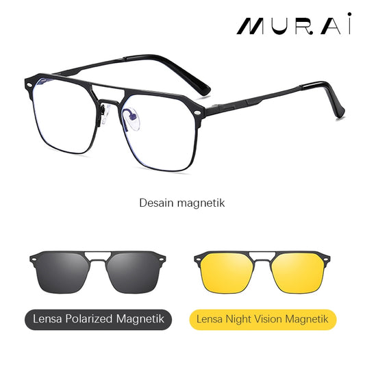 MURAI Merek Jepang Antiradiasi Blueray Free 2 Clip on Polarized Kotak Pria Frame Kacamata Bisa Minus 7041 - 1 Black