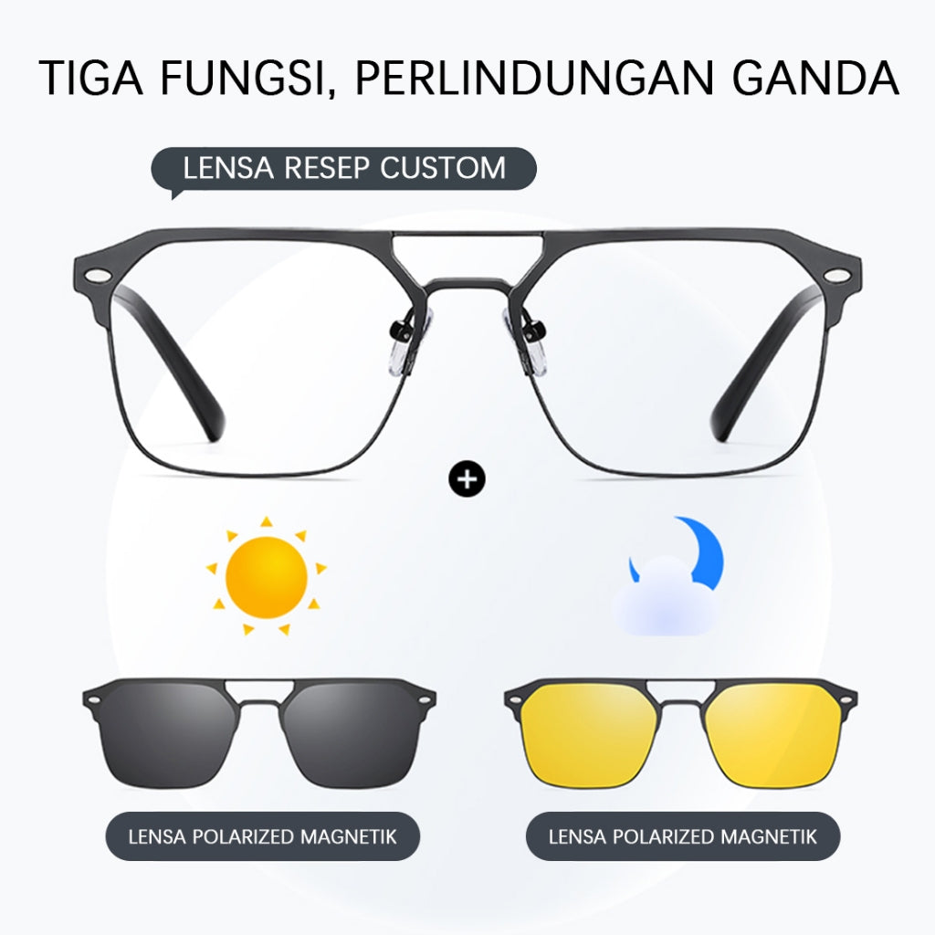 MURAI Merek Jepang Antiradiasi Blueray Free 2 Clip on Polarized Kotak Pria Frame Kacamata Bisa Minus 7041 - 1 Black