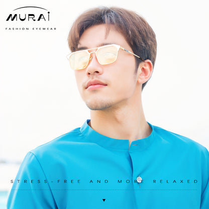MURAI Merek Jepang Antiradiasi Blueray Free 2 Clip on Polarized Kotak Pria Frame Kacamata Bisa Minus 7041 - 3 Gold colour