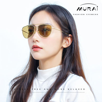 MURAI Merek Jepang Kacamata Hitam Wanita Terbaru – Fashion Mewah Aviation HD Polarized Anti Silau Cahaya Matahar Polarized Anti Silau Fashion Wanita Unisex MR7607 - 2 Gold - Brown lenses