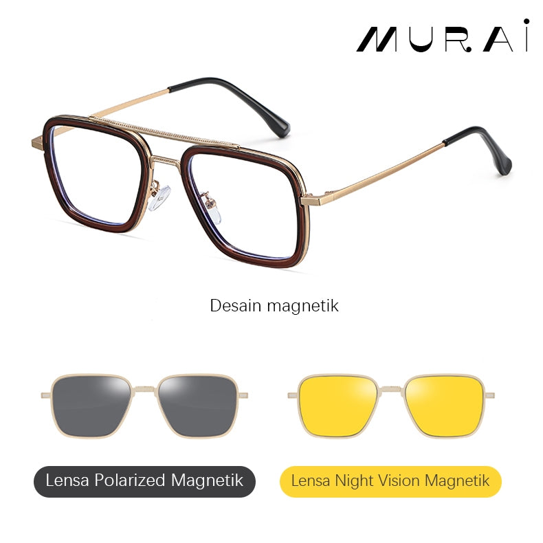 MURAI Merek Jepang Antiradiasi Blueray Free 2 Clip on Polarized Kotak Pria Frame Kacamata Bisa Minus 7701 - 2 Brown - Gold colour
