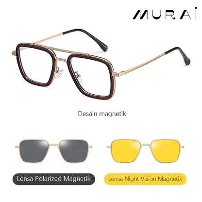 MURAI Merek Jepang Antiradiasi Blueray Free 2 Clip on Polarized Kotak Pria Frame Kacamata Bisa Minus 7701 - 3 Black - Silver