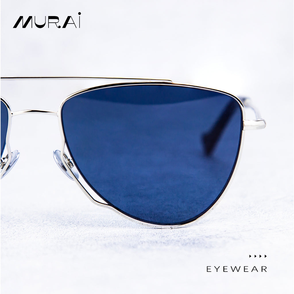 MURAI Merek Jepang Kacamata Hitam Wanita Terbaru – Fashion Mewah Aviation HD Polarized Anti Silau Cahaya Matahar Polarized Anti Silau Fashion Wanita Unisex MR7607 - 4 Silver - Blue lenses