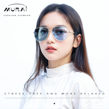 MURAI Merek Jepang Kacamata Hitam Pria Wanita Aviation HD Polarized Anti Silau Cahaya Matahari Aviators Kacamata Hitam Pria Wanita Terbaru – Fashion Mewah MR7602 - 2 Light Blue