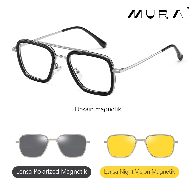 MURAI Merek Jepang Antiradiasi Blueray Free 2 Clip on Polarized Kotak Pria Frame Kacamata Bisa Minus 7701 - 1 Black - Gold colour