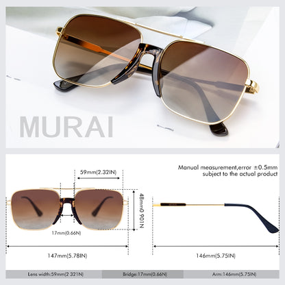 MURAI Merek Jepang Kacamata Hitam Rectangular Polarized Aviator Sunglasses Unisex Retro Pilot Shades Driving Protection 3177 - 2 Gold
