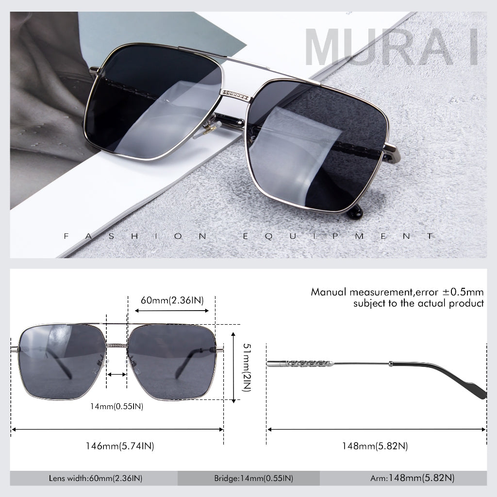 MURAI Merek Jepang Kacamata Hitam Aviator Sunglasses Unisex Polarized Driving Classic Shades - Protection with Accessories MR7601 - 1 Gunmetal Frame