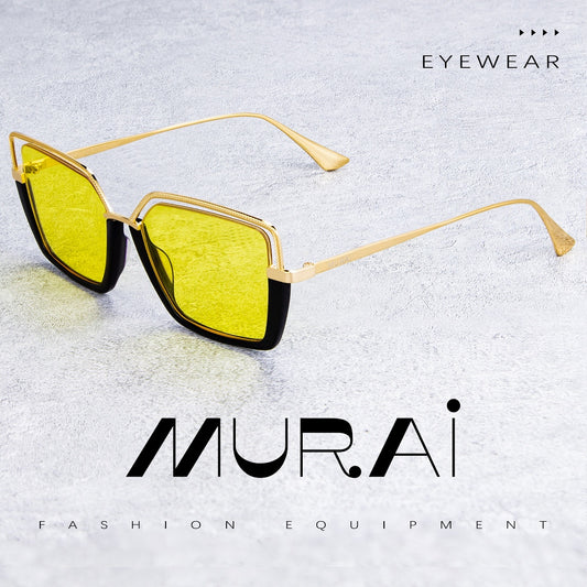 MURAI Kacamata Hitam Rectangular Polarized Aviator Sunglasses Unisex Retro Pilot Shades Driving Protection kacamata yang pakai di malam MR7604 - 3 Yellow(night Vision)